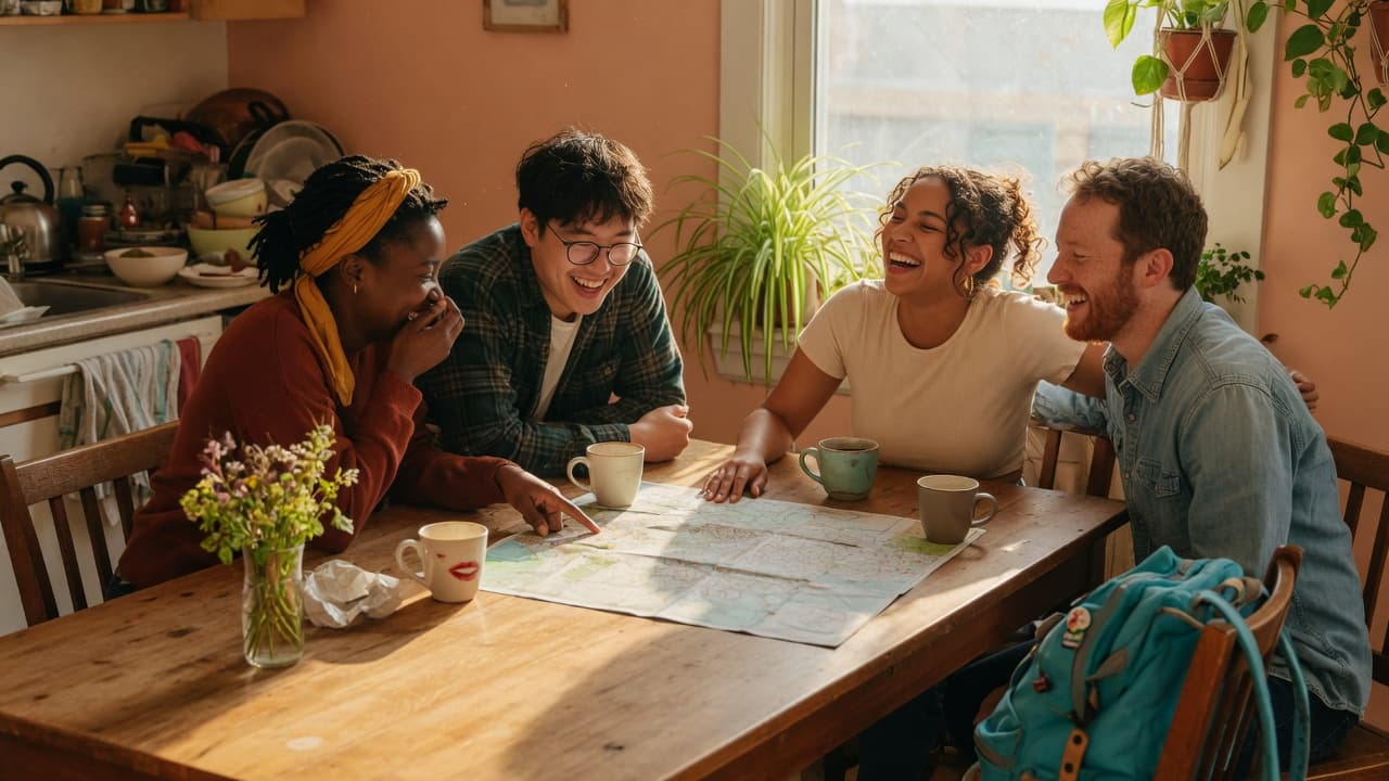 Four friends around a kitchen table with a map and coffee, planning a trip together