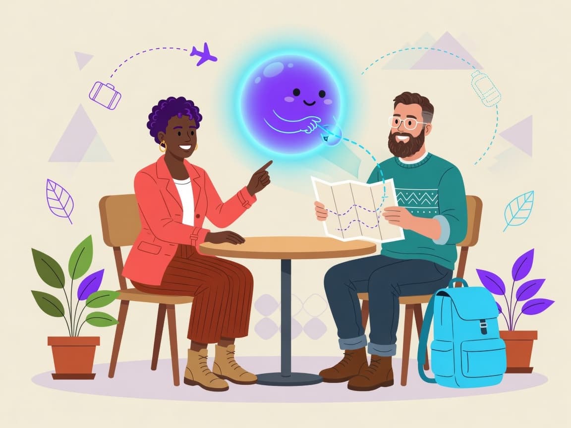 Two travelers at a café with a glowing purple companion helping plot a route on a map