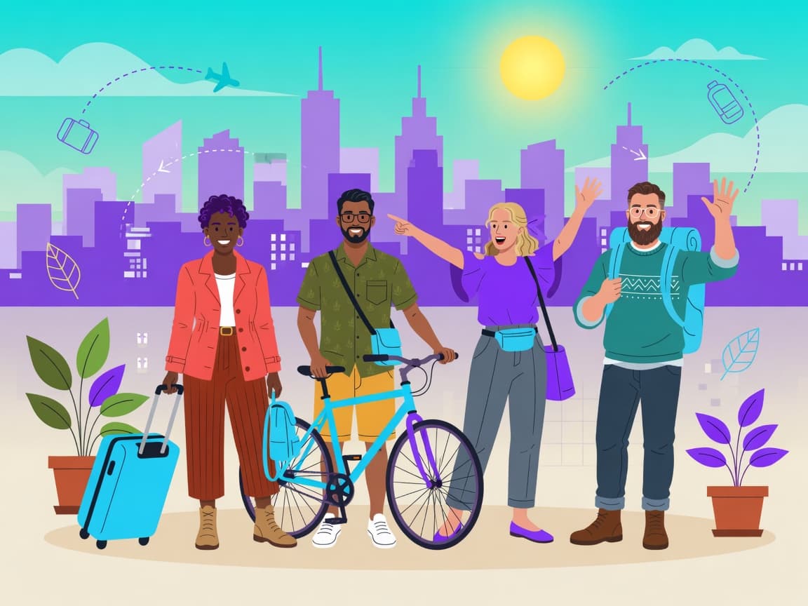 Four friends arriving in a city with bags and a bicycle, a purple skyline behind them
