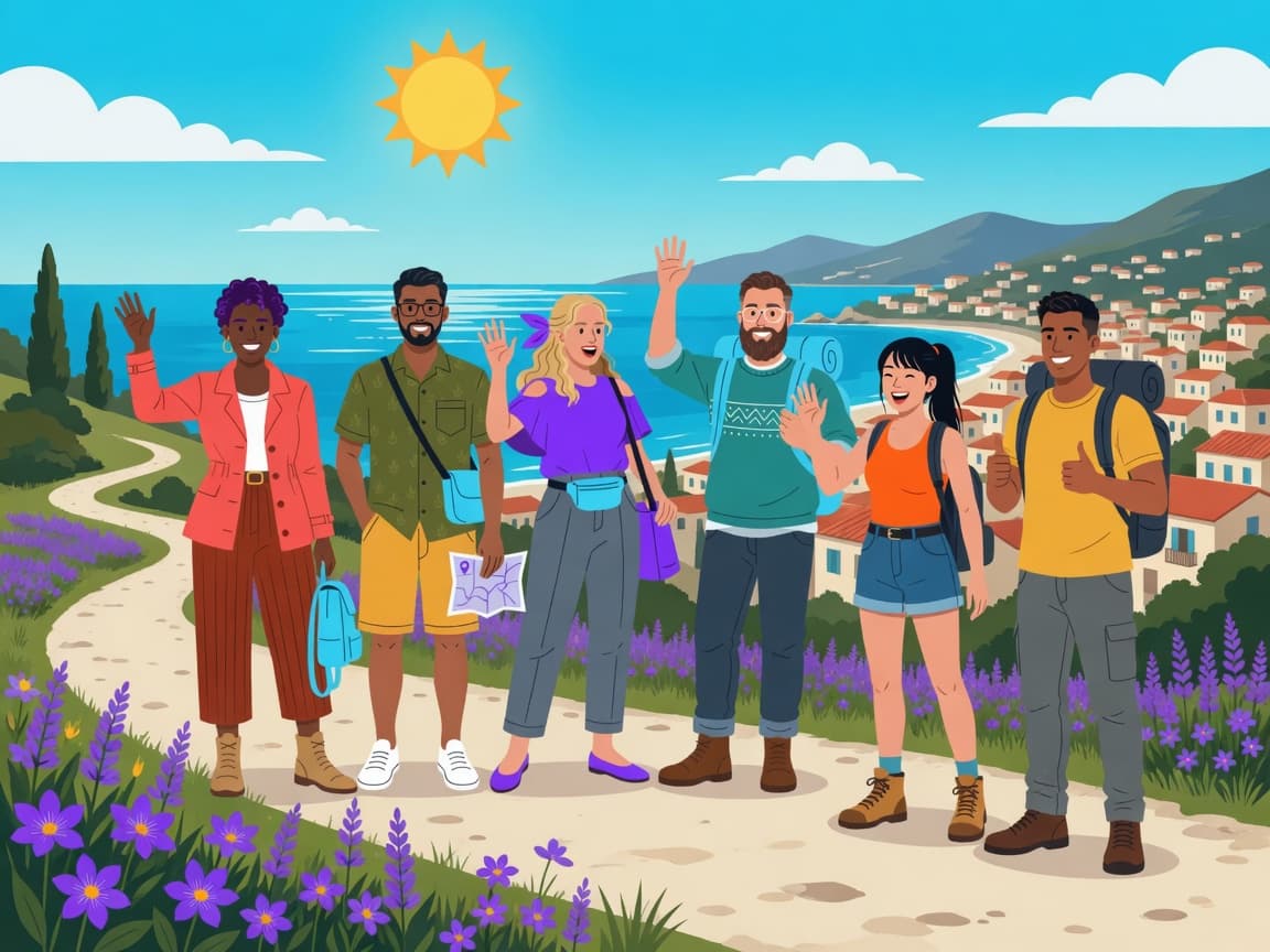 Travelers meeting new friends on a coastal hiking trail above a seaside town