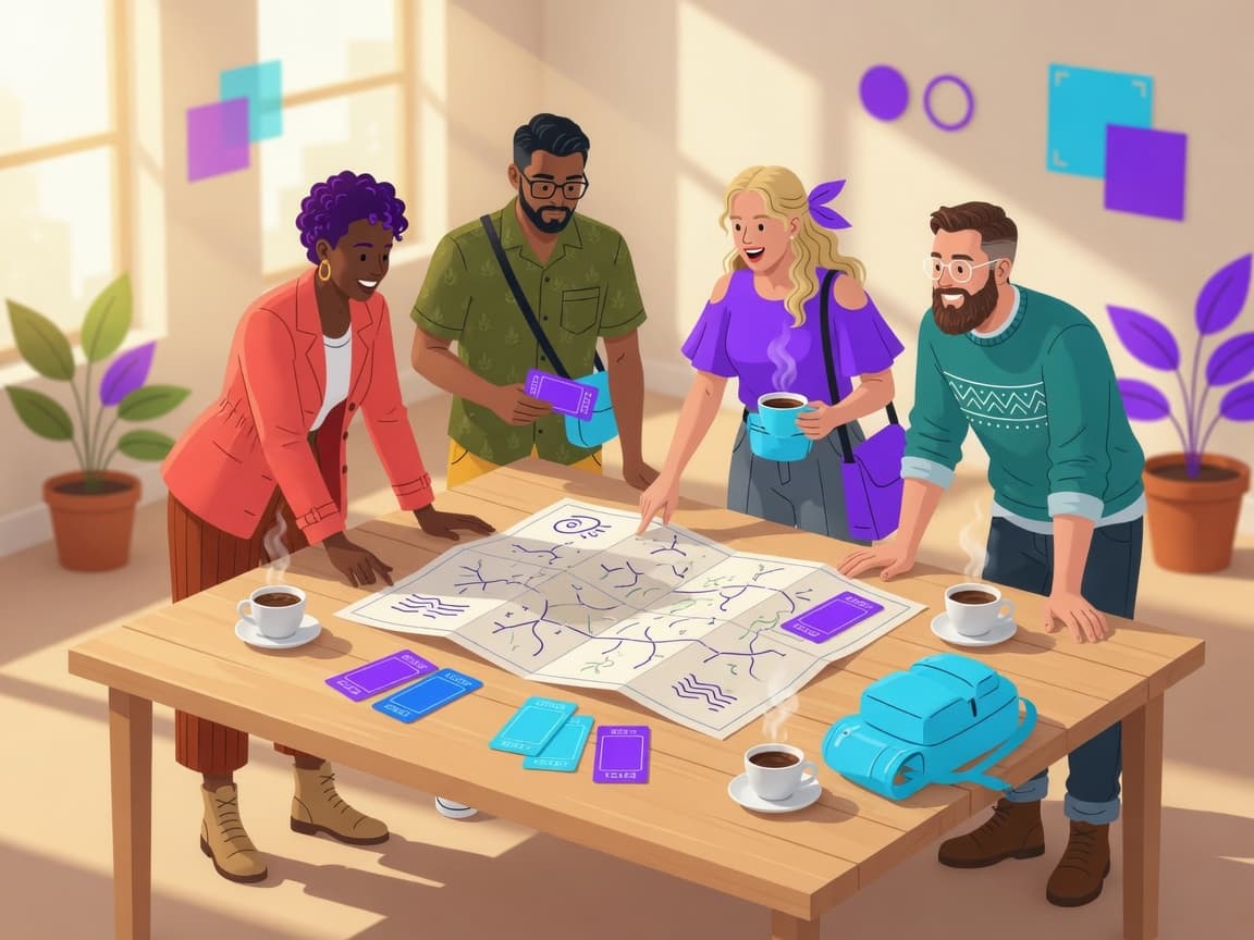 Friends gathered around a table planning a trip